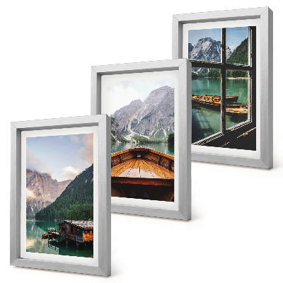Tríptico com moldura Lago de montanha com um barco e casas de madeira