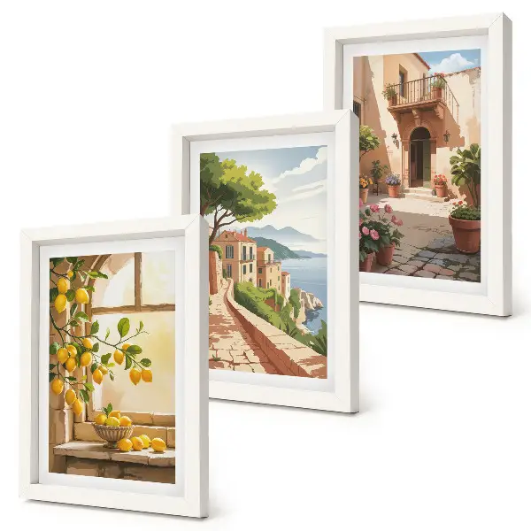 Conjunto de 3 quadros decorativos com frutas cítricas na cozinha com vista para o mar e para a encantadora cidade