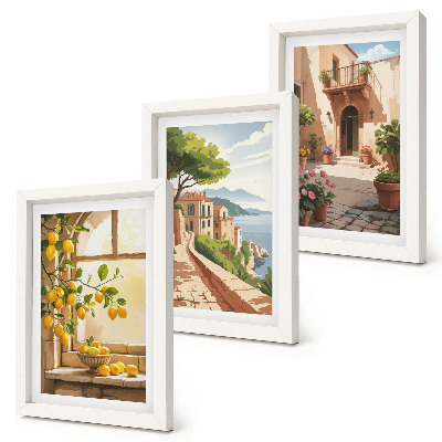 Conjunto de 3 quadros decorativos Frutas cítricas na cozinha com vista para o mar e para a encantadora cidade.