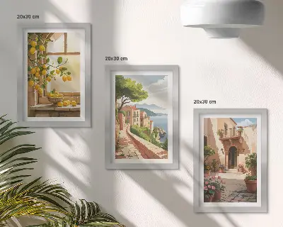 Conjunto de 3 quadros decorativos com frutas cítricas na cozinha com vista para o mar e para a encantadora cidade