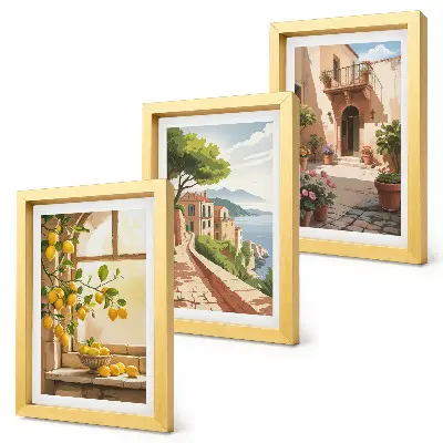 Conjunto de 3 quadros decorativos com frutas cítricas na cozinha com vista para o mar e para a encantadora cidade