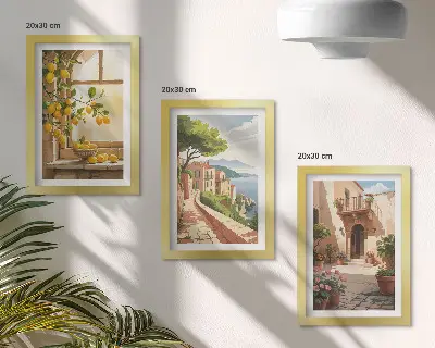 Conjunto de 3 quadros decorativos com frutas cítricas na cozinha com vista para o mar e para a encantadora cidade