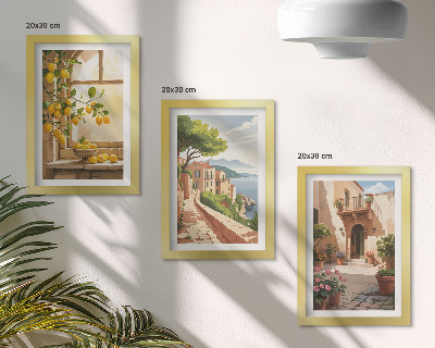 Conjunto de 3 quadros decorativos Frutas cítricas na cozinha com vista para o mar e para a encantadora cidade.