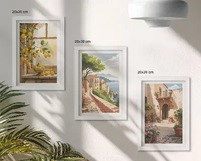 Conjunto de 3 quadros decorativos com frutas cítricas na cozinha com vista para o mar e para a encantadora cidade
