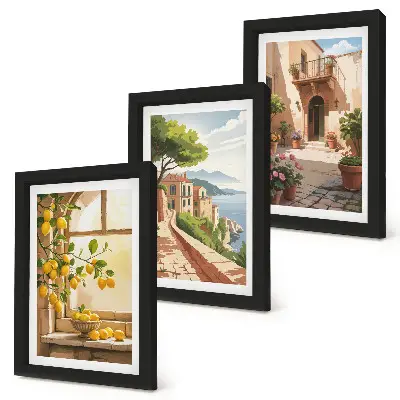 Conjunto de 3 quadros decorativos com frutas cítricas na cozinha com vista para o mar e para a encantadora cidade