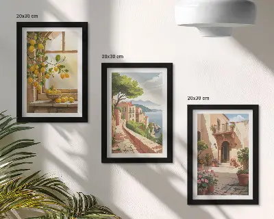 Conjunto de 3 quadros decorativos com frutas cítricas na cozinha com vista para o mar e para a encantadora cidade