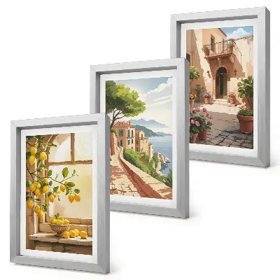 Conjunto de 3 quadros decorativos com frutas cítricas na cozinha com vista para o mar e para a encantadora cidade
