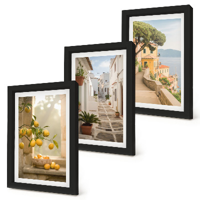 Conjunto de molduras com imagens Vista da laranjeira a partir da janela e arquitetura à beira-mar.