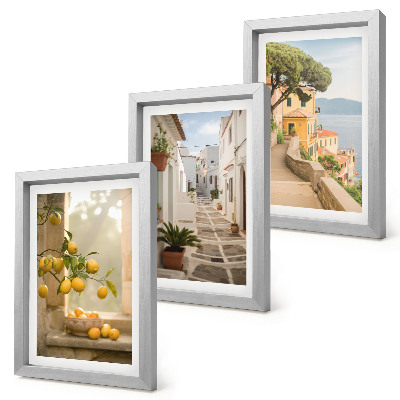 Conjunto de molduras com imagens Vista da laranjeira a partir da janela e arquitetura à beira-mar.