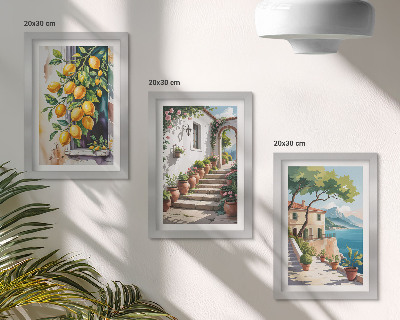 Tríptico com moldura Limões em um cenário de flores e vistas para o mar.