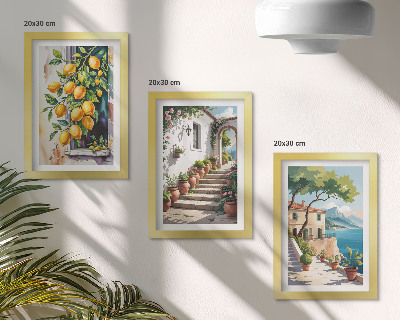 Tríptico com moldura Limões em um cenário de flores e vistas para o mar.