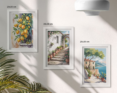 Tríptico com moldura Limões em um cenário de flores e vistas para o mar.