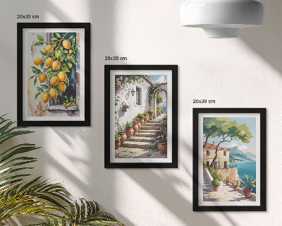 Tríptico com moldura Limões em um cenário de flores e vistas para o mar.