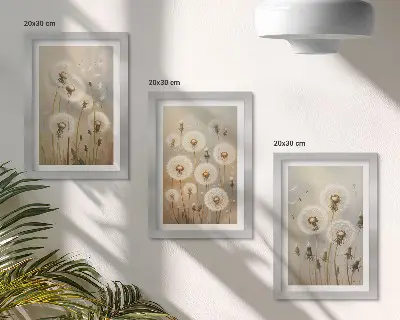 Conjunto de 3 quadros decorativos dentes-de-leão brancos com fundo de cores vibrantes