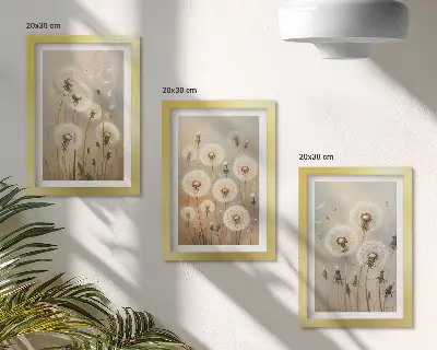 Conjunto de 3 quadros decorativos dentes-de-leão brancos com fundo de cores vibrantes