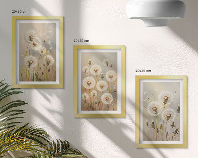 Conjunto de 3 quadros decorativos Dentes-de-leão brancos contra um fundo de cores vibrantes.