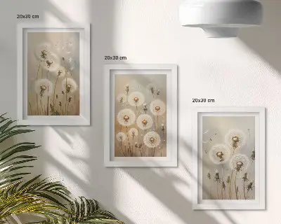 Conjunto de 3 quadros decorativos dentes-de-leão brancos com fundo de cores vibrantes