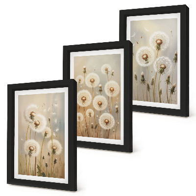 Conjunto de 3 quadros decorativos Dentes-de-leão brancos contra um fundo de cores vibrantes.