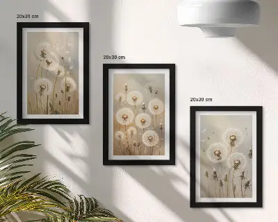 Conjunto de 3 quadros decorativos dentes-de-leão brancos com fundo de cores vibrantes