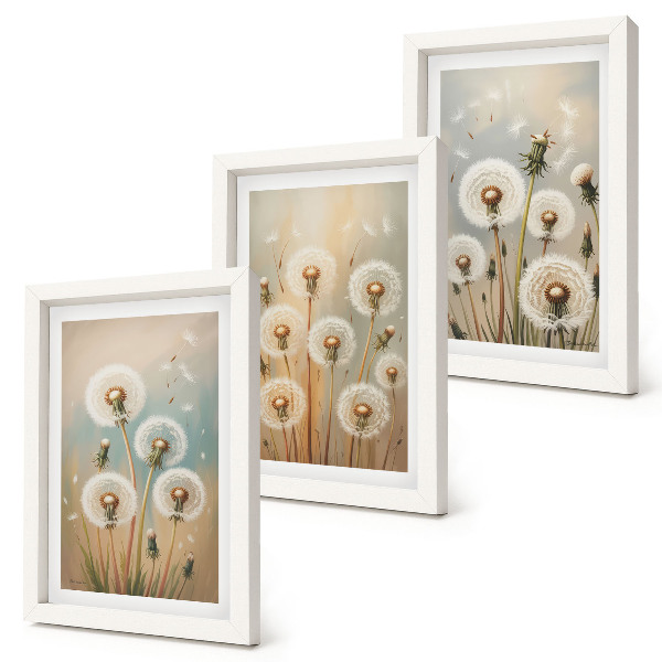 Conjunto de molduras com imagens Flores de dente-de-leão em um fundo de cores pastel.