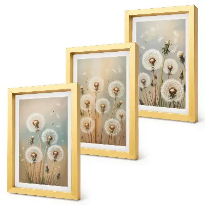 Conjunto de quadros com imagens flores de dente-de-leão em fundo de cores pastel