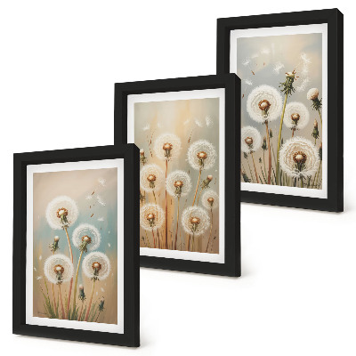 Conjunto de molduras com imagens Flores de dente-de-leão em um fundo de cores pastel.