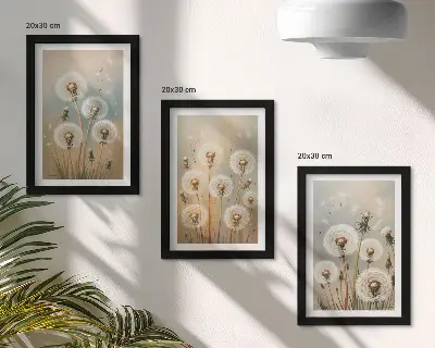 Conjunto de quadros com imagens flores de dente-de-leão em fundo de cores pastel