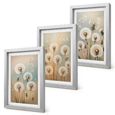 Conjunto de molduras com imagens Flores de dente-de-leão em um fundo de cores pastel.