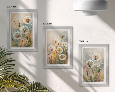 Tríptico com moldura Flores de dente-de-leão em contraste com um fundo de grama em tons pastel.