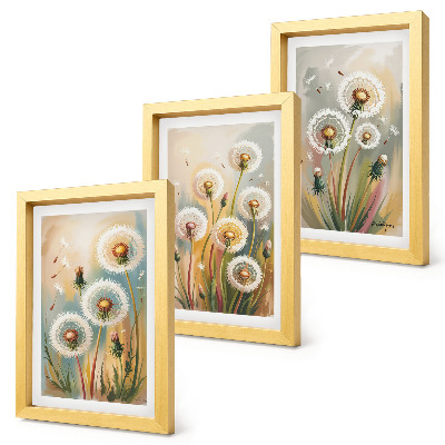 Tríptico com moldura Flores de dente-de-leão em contraste com um fundo de grama em tons pastel.