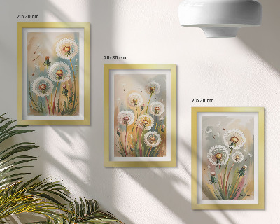 Tríptico com moldura Flores de dente-de-leão em contraste com um fundo de grama em tons pastel.