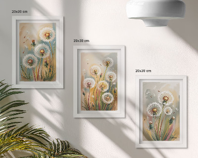Tríptico com moldura Flores de dente-de-leão em contraste com um fundo de grama em tons pastel.