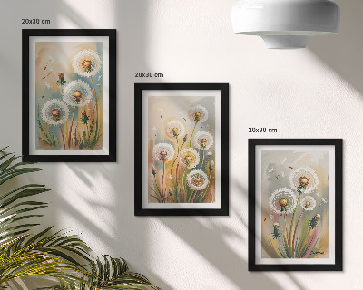 Tríptico com moldura Flores de dente-de-leão em contraste com um fundo de grama em tons pastel.