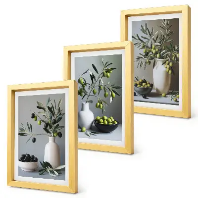 Conjunto de 3 quadros decorativos com azeitonas em vasos sobre fundo de cores suaves