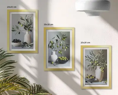 Conjunto de 3 quadros decorativos com azeitonas em vasos sobre fundo de cores suaves