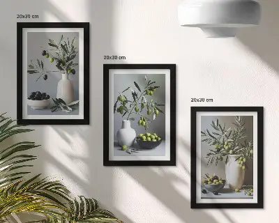 Conjunto de 3 quadros decorativos com azeitonas em vasos sobre fundo de cores suaves