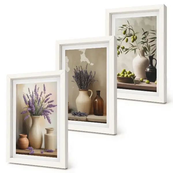 Conjunto de 3 quadros decorativos com flores em vasos, azeitonas e decorações naturais