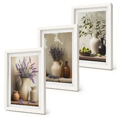 Conjunto de 3 quadros decorativos com flores em vasos, azeitonas e decorações naturais