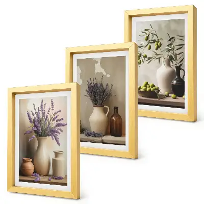 Conjunto de 3 quadros decorativos com flores em vasos, azeitonas e decorações naturais