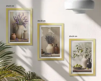 Conjunto de 3 quadros decorativos com flores em vasos, azeitonas e decorações naturais