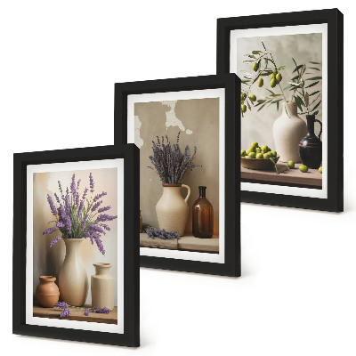 Conjunto de 3 quadros decorativos Flores em vasos, azeitonas e decorações naturais.