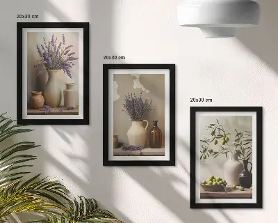 Conjunto de 3 quadros decorativos com flores em vasos, azeitonas e decorações naturais