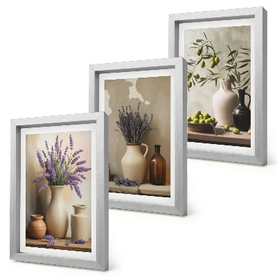 Conjunto de 3 quadros decorativos Flores em vasos, azeitonas e decorações naturais.
