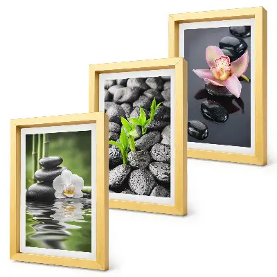 Conjunto de quadros com imagens composição zen de pedras e flores sobre a água