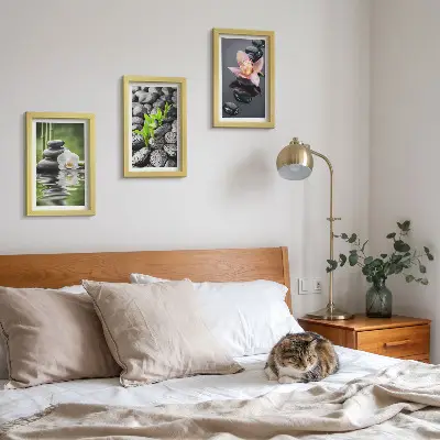 Conjunto de quadros com imagens composição zen de pedras e flores sobre a água