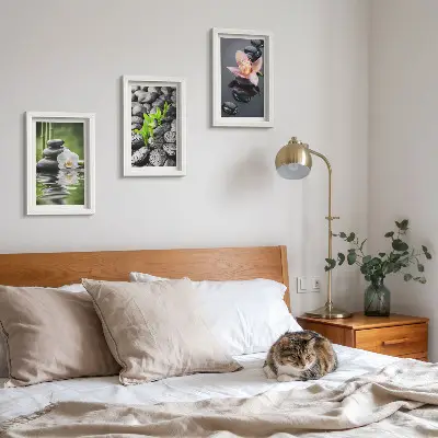 Conjunto de quadros com imagens composição zen de pedras e flores sobre a água