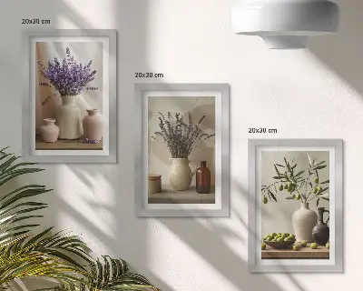 Tríptico com moldura de flores de lavanda, azeitonas e vasos de cerâmica tríptico com moldura