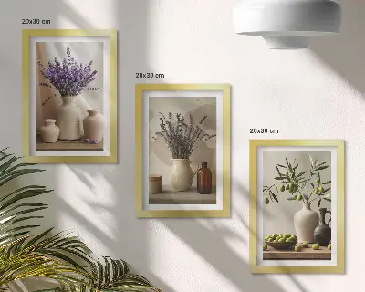 Tríptico com moldura de flores de lavanda, azeitonas e vasos de cerâmica tríptico com moldura