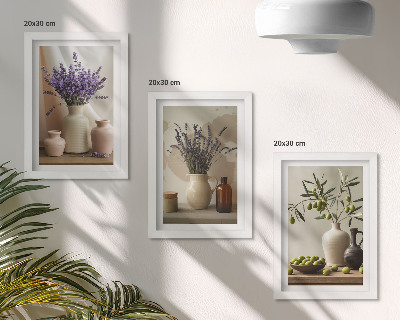 Tríptico com moldura Flores de lavanda, azeitonas e vasos de cerâmica