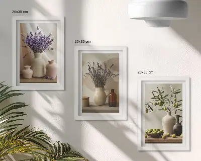Tríptico com moldura de flores de lavanda, azeitonas e vasos de cerâmica tríptico com moldura